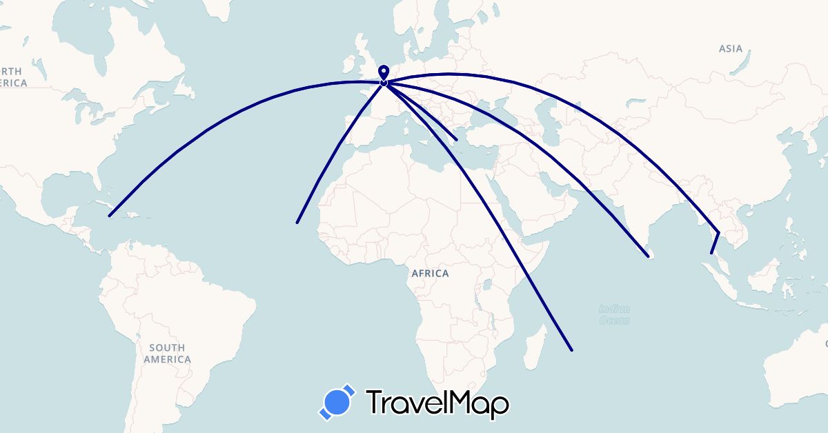 TravelMap itinerary: driving in Cape Verde, France, Greece, Jamaica, Sri Lanka, Mauritius, Thailand (Africa, Asia, Europe, North America)